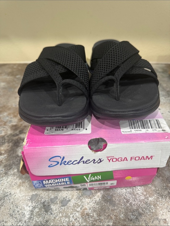 Skechers Shoes - Skechers Black Women's Cross-Strap Yoga Foam Toe-Post Sandals